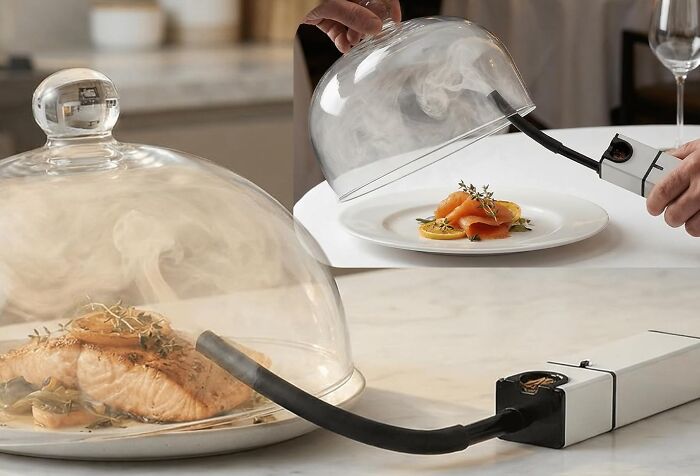 Food smoker gift in use, releasing smoke over plated salmon, a unique gift for the person who has everything.