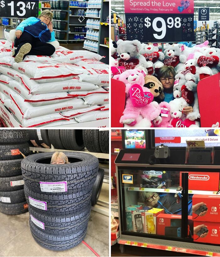 Person posing humorously inside Walmart amidst bird feed bags, Valentine teddy bears, stacked tires, and Nintendo display cases.
