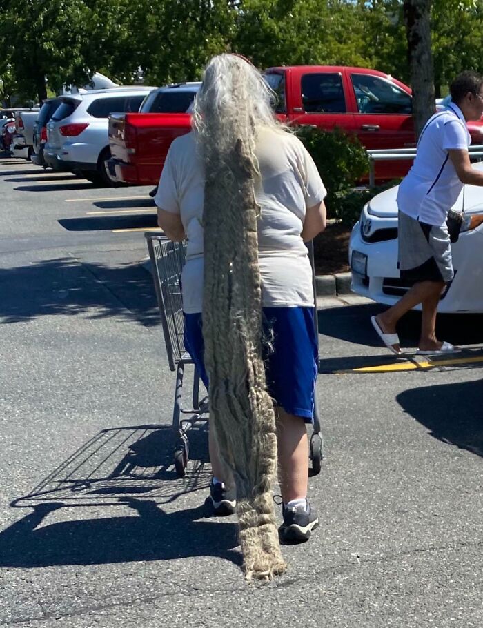 Person with extremely long dreadlocks pushing a shopping cart in a Walmart parking lot, unusual sight from Walmart stores.