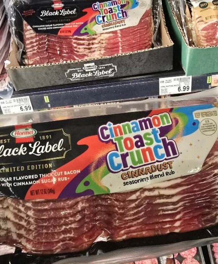 Package of limited edition Cinnamon Toast Crunch flavored bacon displayed on a grocery store shelf in a food pics that deserve to be shamed online collection.
