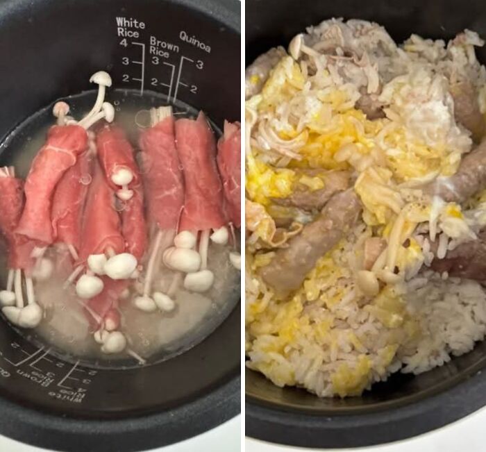 Rice cooker meal before and after cooking with wrapped meat and mushrooms, an example of food pics that deserve shaming online.