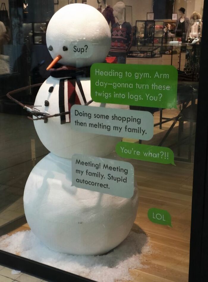 Creative Christmas decoration in workplace features a snowman with humorous text message conversation display.