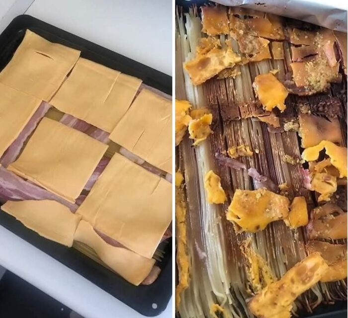 Before and after images of a failed homemade lasagna with burnt and broken pasta layers, food pics that deserve to be shamed.