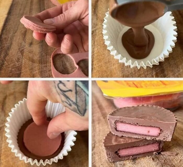 Hand holding homemade peanut butter cups with bologna inside, showcasing unusual food pics that deserve to be shamed online.