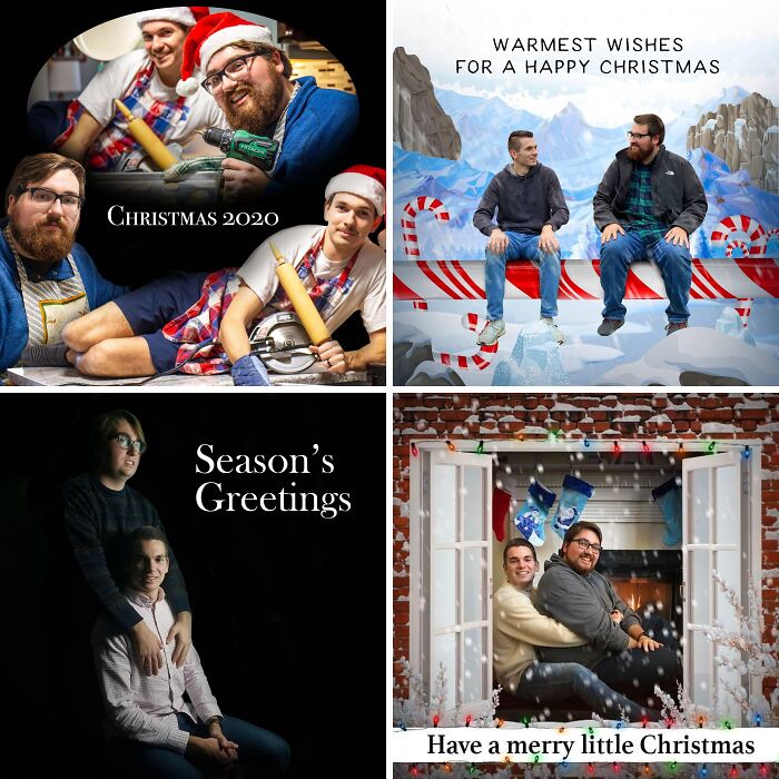 Four awkward family Christmas photos featuring different poses and holiday settings, capturing hilariously awkward moments and festive cheer.