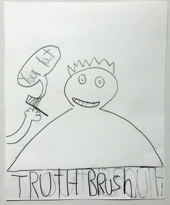 Child's funny drawing titled Truth Brush showing a smiling figure with speech bubble in a very flattering portrait style.