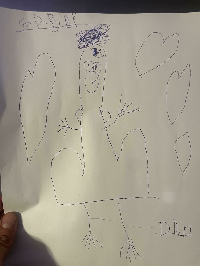 Child’s funny drawing portrait with no filter, showing playful lines and hearts around the figure, capturing a flattering vibe.
