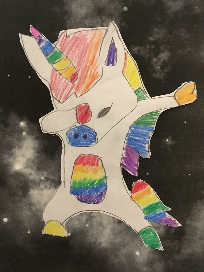 Child's funny drawing of a colorful unicorn with rainbow details on a space background, showcasing a flattering portrait style.