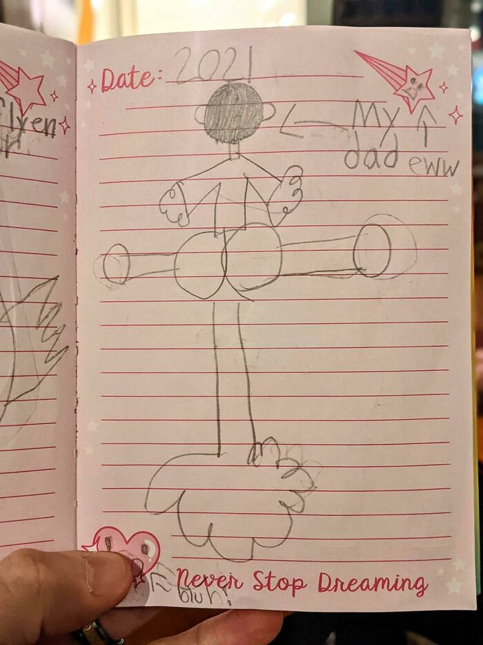 Child's humorous and unfiltered drawing labeled as a very flattering portrait with a stick figure sketch on lined paper.