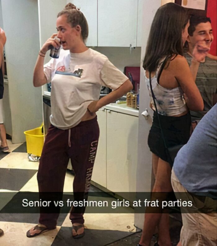 College meme showing senior and freshman girls at a party, highlighting student life fueled by hope and energy drinks.