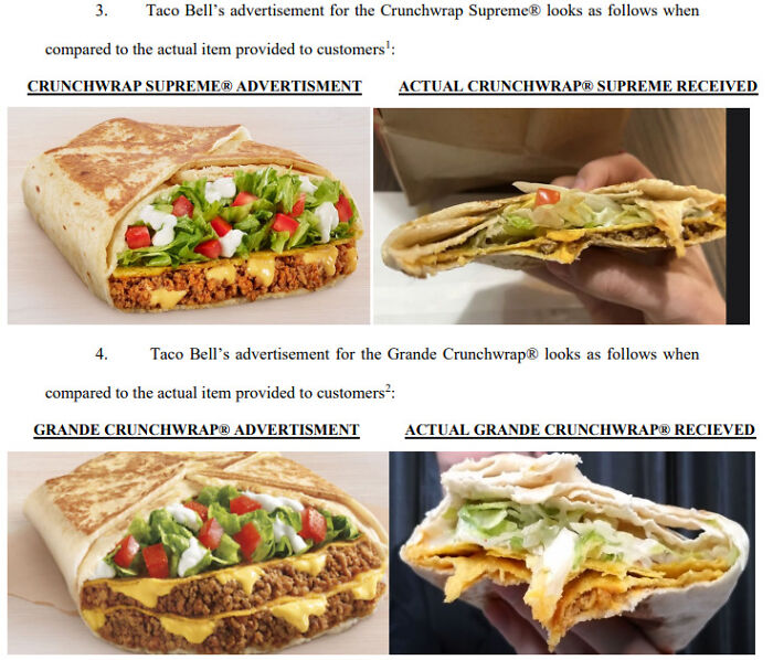 Side-by-side comparison of Taco Bell Crunchwrap Supreme advertisement versus the actual sandwich received, showcasing expectations vs reality.