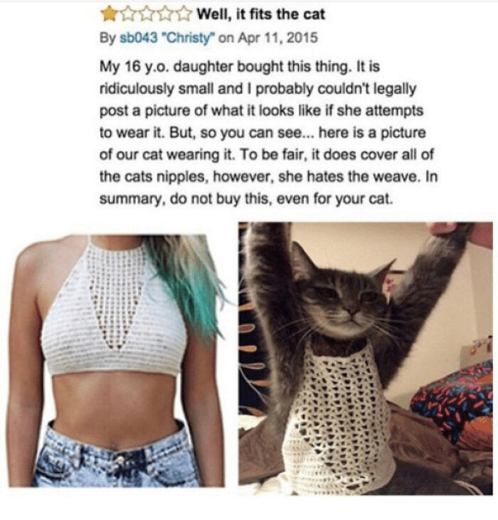 Comparison of expectations vs reality showing a woman’s crochet top and a cat humorously wearing the same small top.