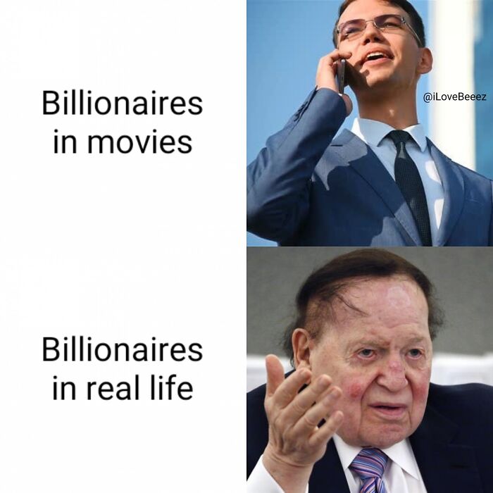 Split image comparing expectations vs reality of billionaires, showing a confident young man and an older real-life billionaire.