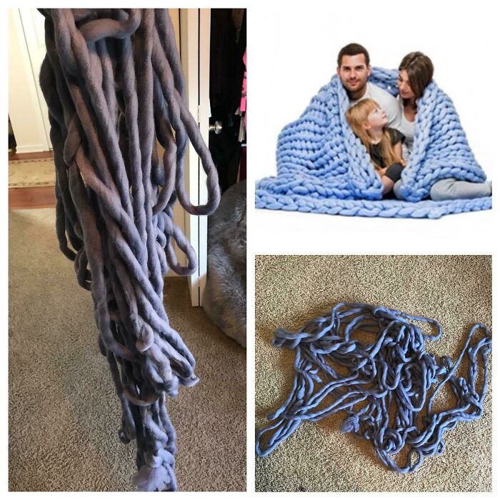 Expectation versus reality photo of chunky knitted blanket yarn tangled and unraveled on carpet floor.