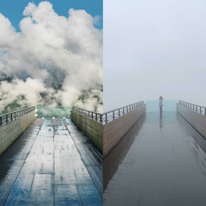 Split image showing expectations vs reality with a foggy viewing platform and a clear sky full of clouds.