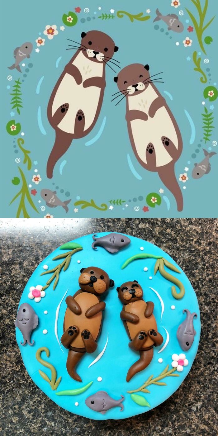 Expectations vs reality photos showing cute otters illustrated vs playful otter cake with fish and plants details.
