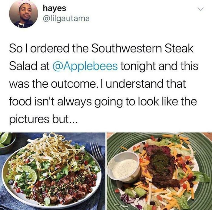 Customer tweets about ordering a Southwestern Steak Salad showing expectations vs reality photos that left people underwhelmed and overjoyed.