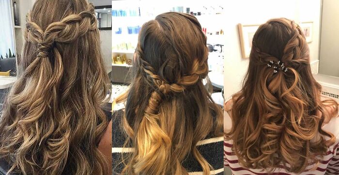 Three side-by-side photos showing expectation vs reality of braided hairstyles leaving people underwhelmed and overjoyed.