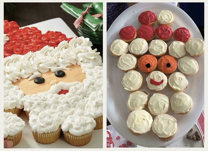Santa cupcake design expectations vs reality, with one detailed and one poorly executed version on white plates.