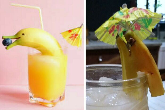 Side-by-side expectation vs reality photos of banana dolphin drink garnishes with cocktail umbrellas.