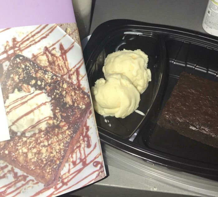 Expectation vs reality photo showing a dessert box with a rich brownie and two scoops of vanilla ice cream.