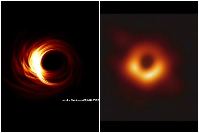 Side-by-side expectation versus reality photos of a black hole showcasing differences that left people underwhelmed and overjoyed.