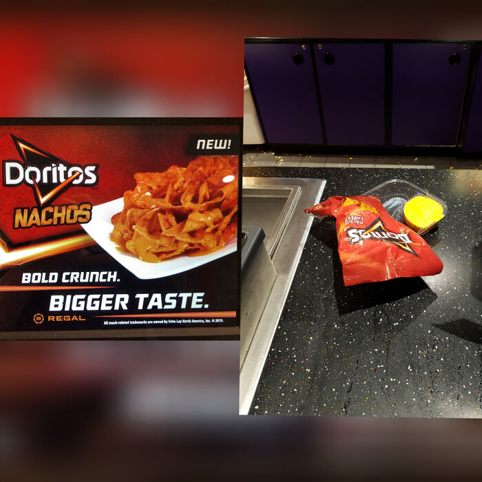 Side-by-side expectation vs reality photo of Doritos Nachos showing big serving vs small bag with cheese dip.