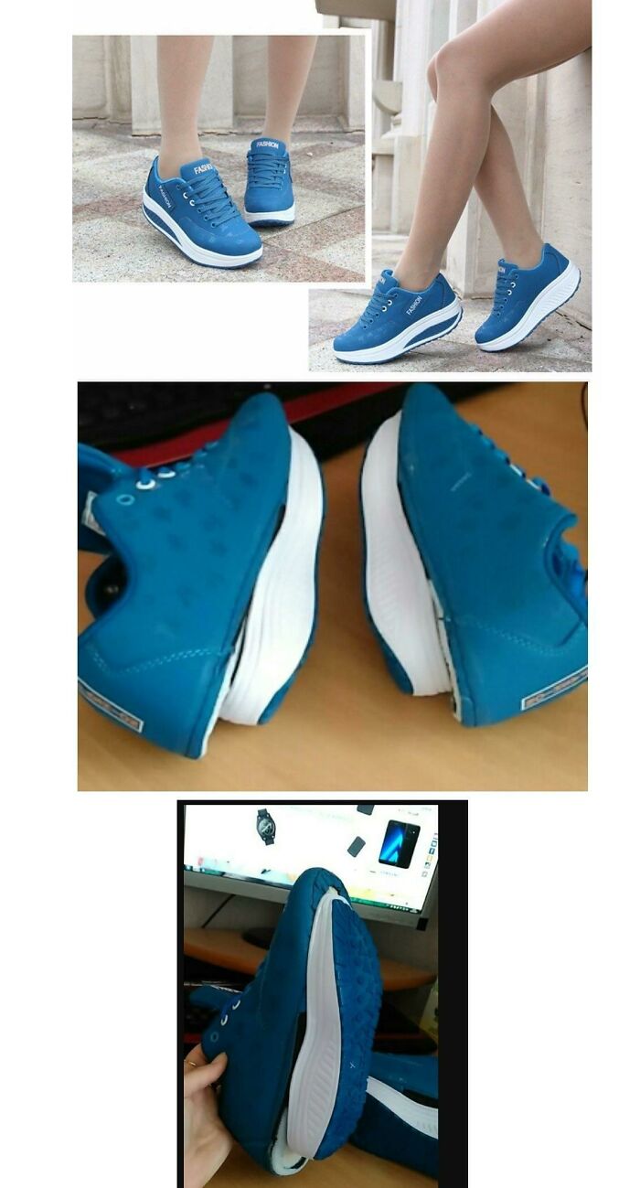 Blue platform shoes shown worn as expected and then photographed revealing reality with uneven and poorly made soles.