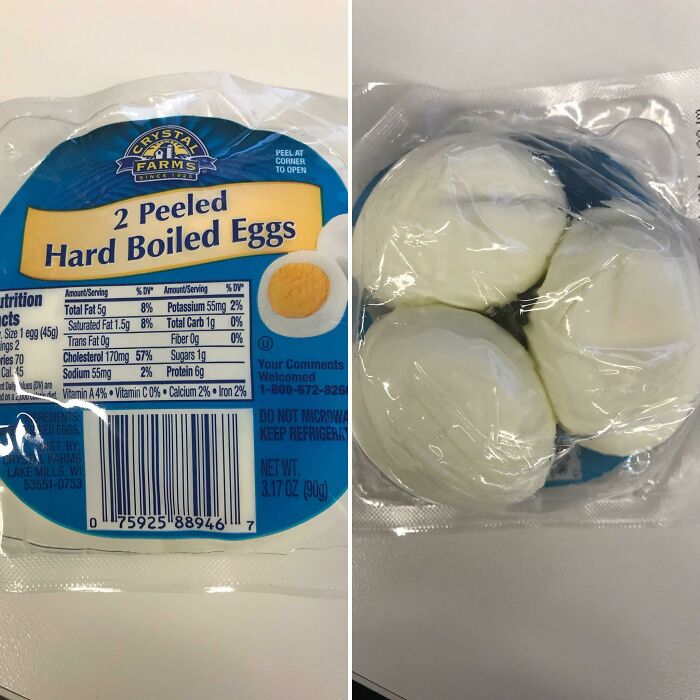 Package labeled 2 peeled hard boiled eggs showing only two eggs, but inside contains three eggs in expectation vs reality photo.