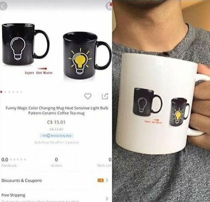 Person holding a white mug showing expectation vs reality of a heat sensitive light bulb color changing coffee mug design.