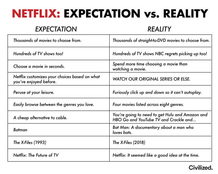 Comparison chart showing Netflix expectation vs reality with examples highlighting underwhelming and overjoying moments.