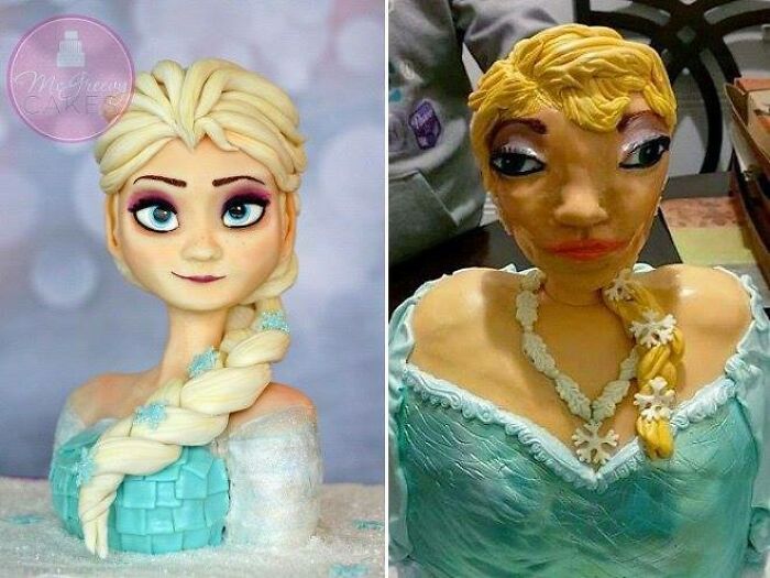 Side-by-side photos of an Elsa cake comparison showing expectations versus reality in baking creations.