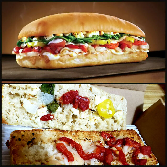 Expectation vs reality photo of a sub sandwich with fresh toppings compared to a poorly assembled sandwich.