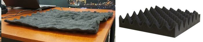 Comparison of expectation versus reality showing flat foam soundproofing on desk versus actual textured soundproofing foam.