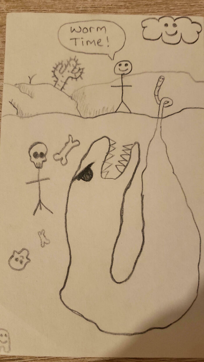 Child's funny drawing of a stick figure, smiling worm, and dinosaur with sharp teeth in a playful portrait style.