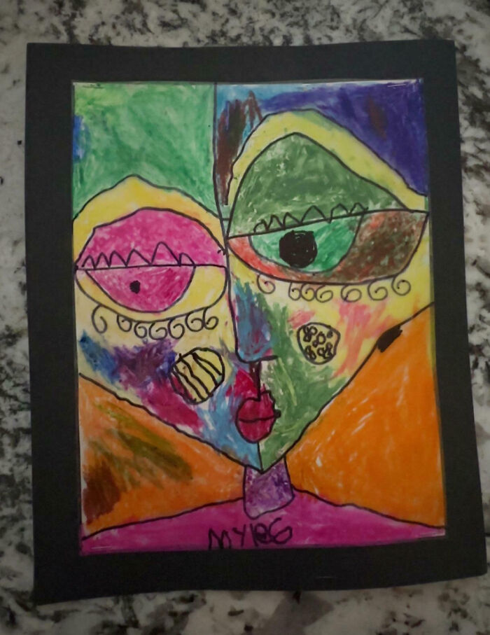 Colorful abstract portrait drawing by a child showcasing funny and flattering artistic style with no filter whatsoever.