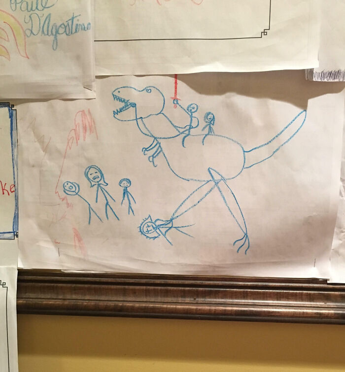 Child's drawing of a dinosaur with stick figures riding it and reacting, showcasing funny drawings with no filter whatsoever.