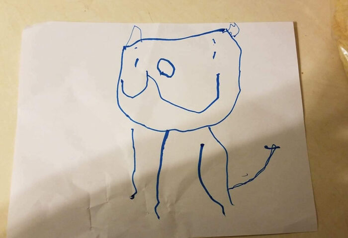 Child's funny drawing of a dog featuring simple lines and shapes, showcasing a very flattering portrait creative style.