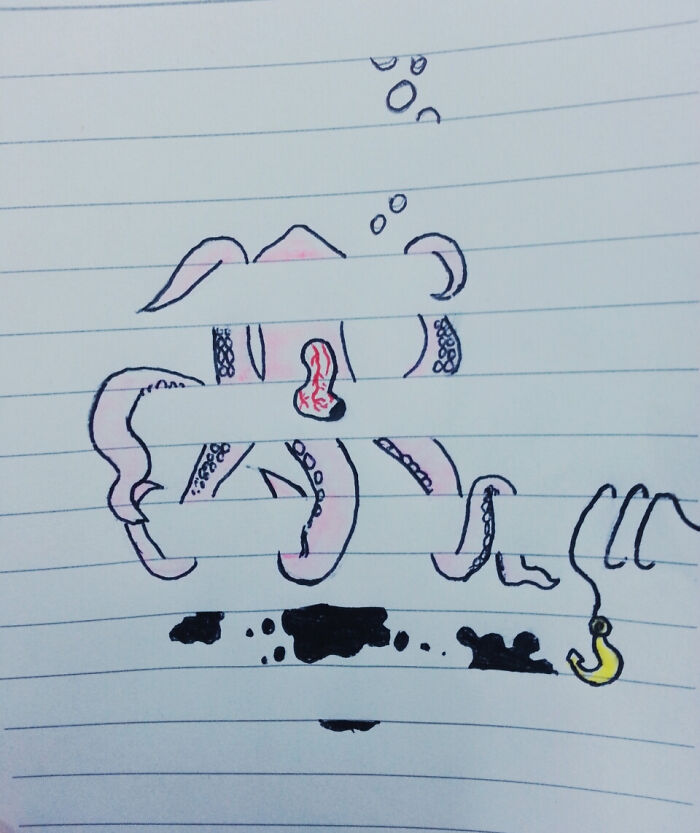 Child's funny drawing of an octopus with a fishing hook, showcasing a very flattering portrait with no filter.