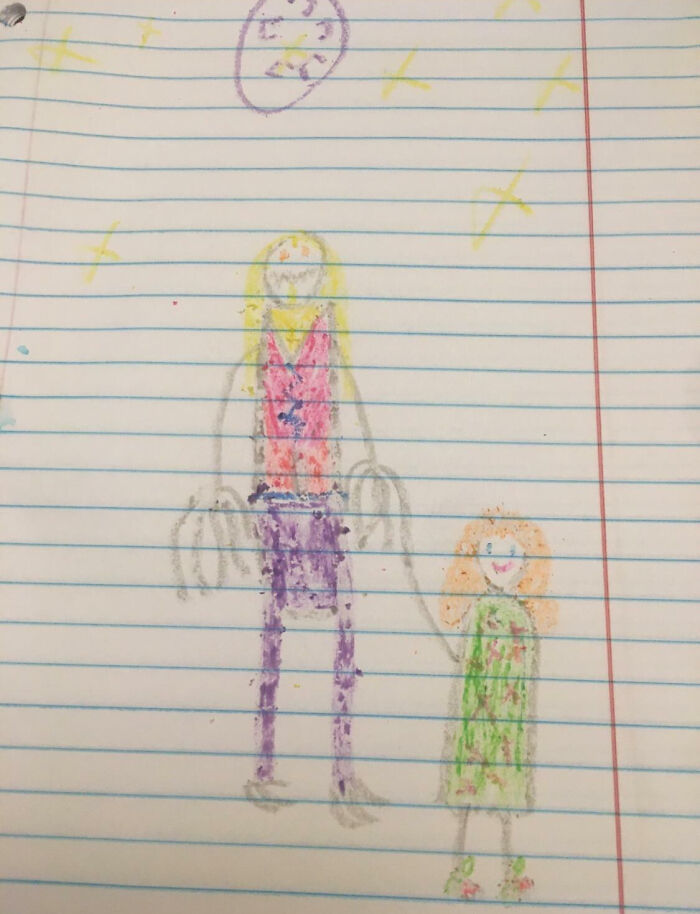 Child's drawing of a funny, flattering portrait featuring two figures on lined notebook paper with colorful details.
