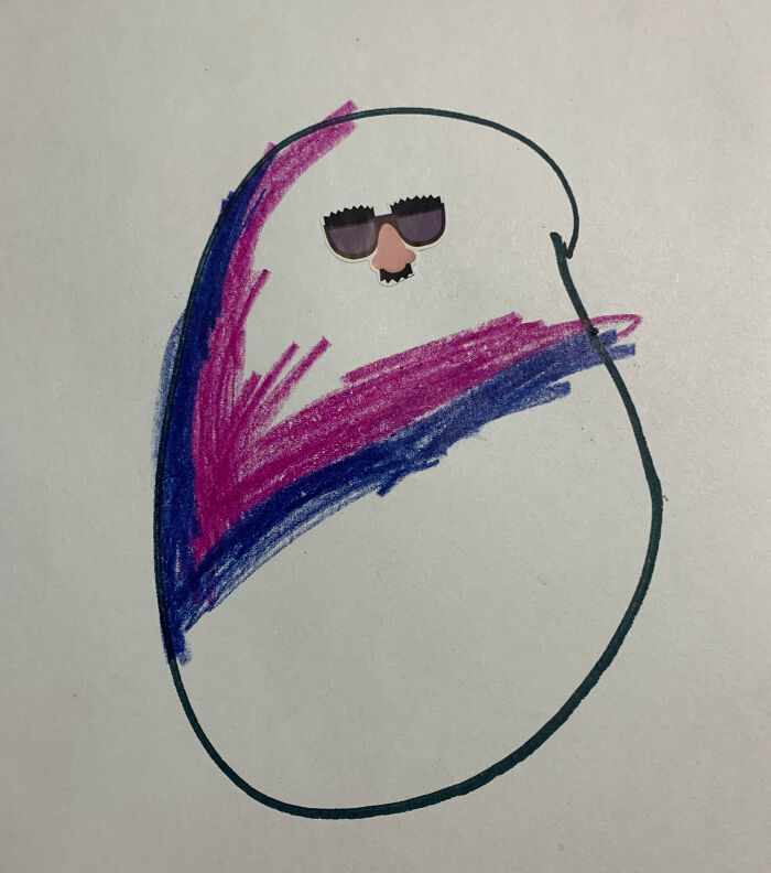 Child's funny drawing of a very flattering portrait with colorful scribbles and a sticker of sunglasses and a nose.