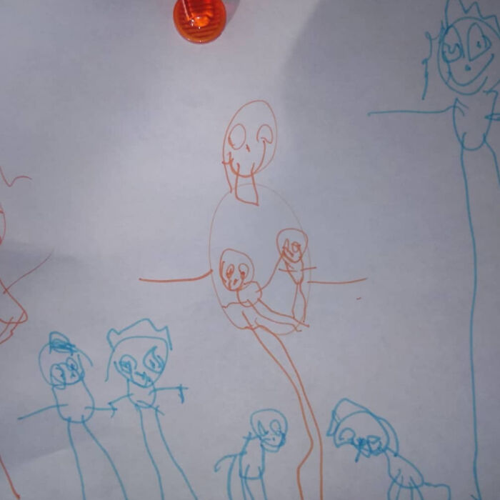 Child's funny drawing of people with no filter, showcasing a very flattering portrait style in colorful marker lines.