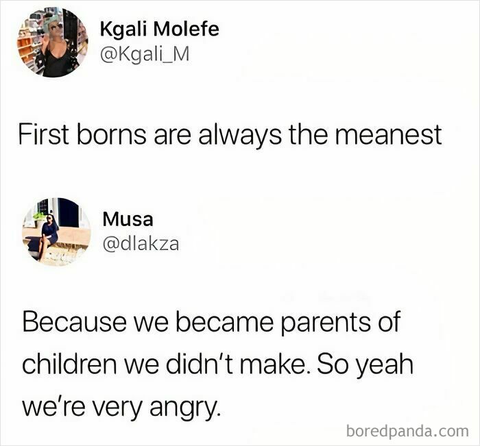 Sibling meme about first borns being the meanest, expressing the challenges of having siblings and family dynamics.