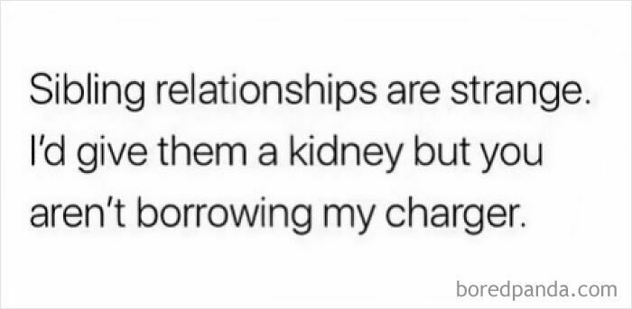 Sibling meme text about strange relationships and refusing to share a phone charger, highlighting sibling dynamics.