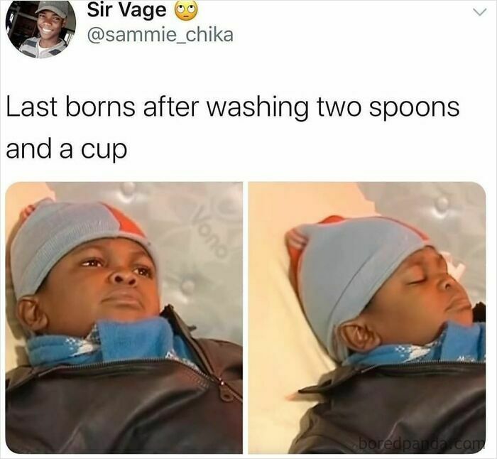 Tweet showing a boy looking tired and sleeping, humorously depicting the exhaustion of last born siblings after washing dishes.
