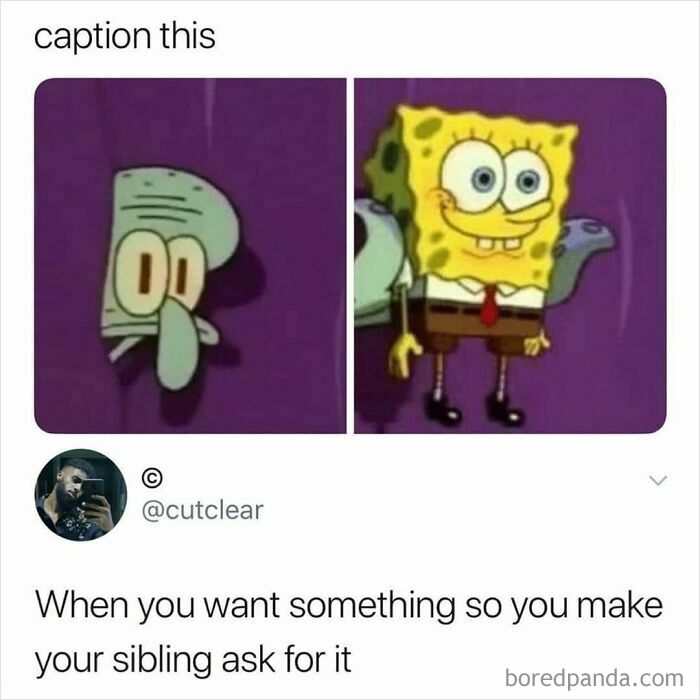 Meme showing Squidward and SpongeBob with a caption about making siblings ask for something, relatable sibling humor.