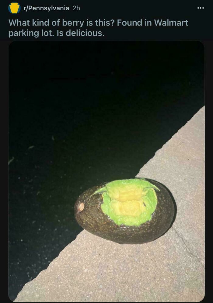 Humorous post showing an avocado bitten to look like a berry found in a Walmart parking lot to make you laugh.