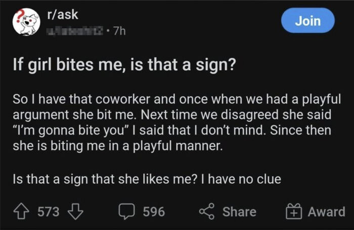 Reddit post humorously questioning if playful biting from a coworker is a sign of romantic interest in hilarious posts.