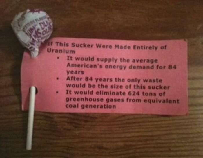 A math problem involving energy demand uses a lollipop to illustrate uranium's power and waste output.