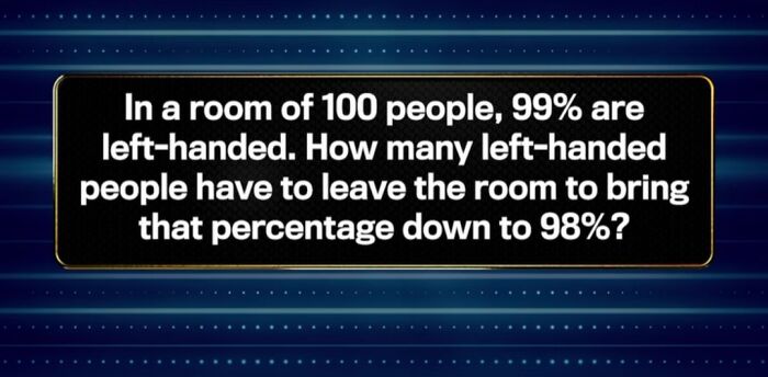 Math problem asking how many left-handed people must leave a room to change the percentage from 99% to 98%.